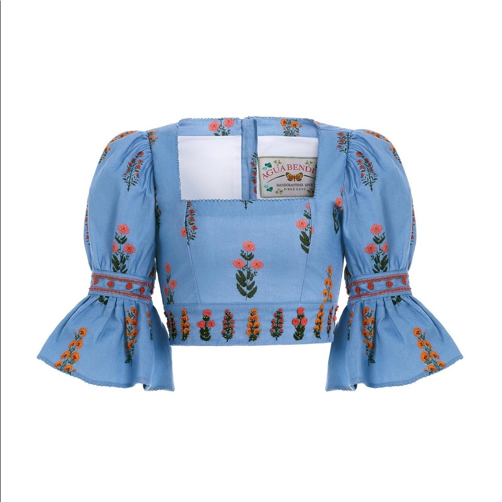 Agua by Agua Bendita Blue Violeta Dahlia Linen Cropped Top